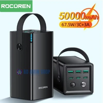 Rocoren 50,000 mAh 67.5 W Power Bank – 3×USB‑C + 3×USB‑A & Flashlight